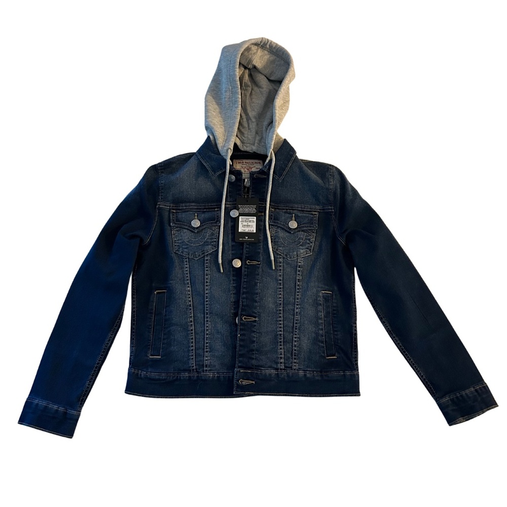 NWT True Religion Denim Hooded Trucker Jacket Relaxed Fit Medium Wash Hoodie